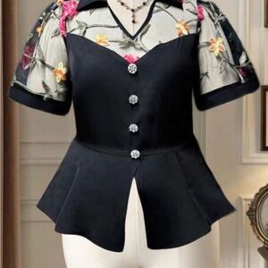 SHEIN Black and Floral Embroidered Blouse